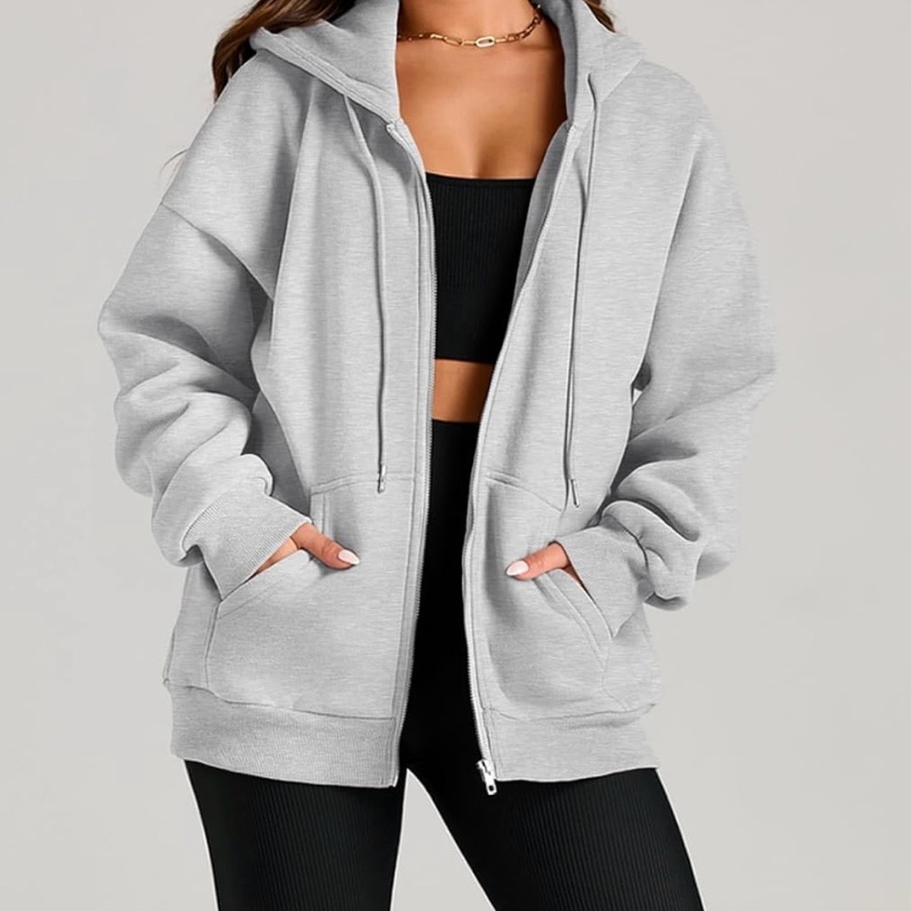 EFAN Women's Gray Zip-Up Drawstring Hoodie Fall Jacket Oversized Sz M - Picture 3 of 11